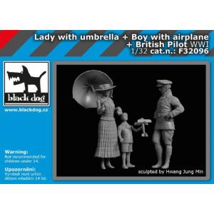 1/32 WW.I 傘を持つ女性 + 飛行機のおもちゃを持つ少年 + 英軍パイロット セット (HAUF32093 + 32094 + 32095) [ブラックドッグ]の商品画像