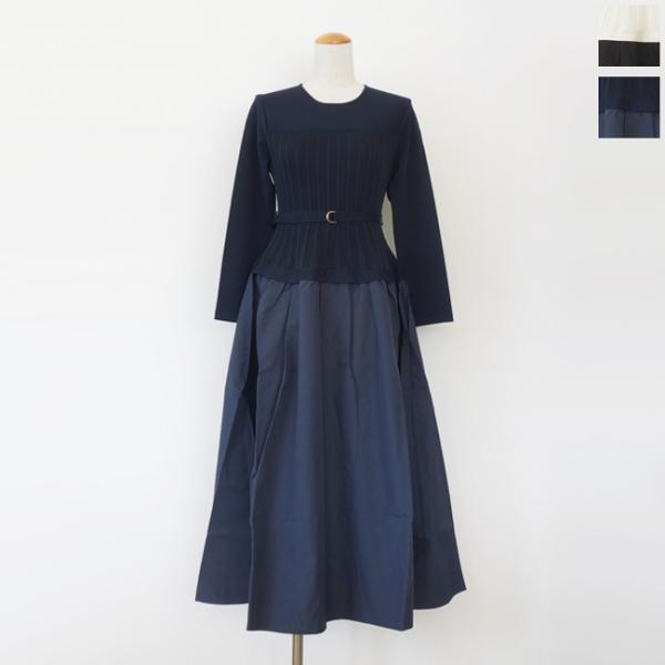 BEATRICE (ベアトリス) ロング ワンピース ウエストベルト ニット タフタ 9分袖 ロング...