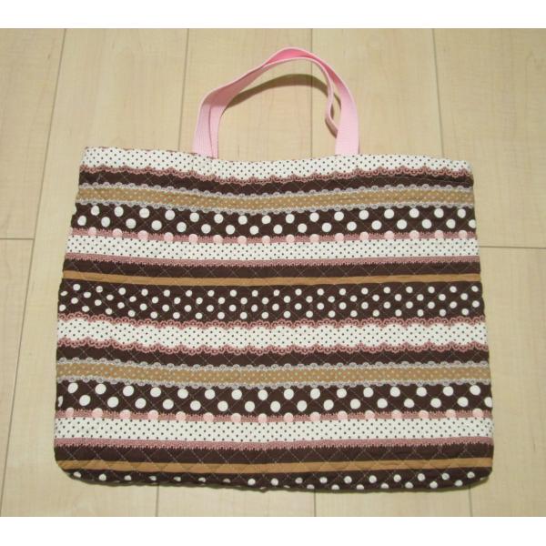 キルティング手提げバッグ45×35センチサイズ【ブラウンとピンクレースボーダー柄】・シンプルな大きめ...