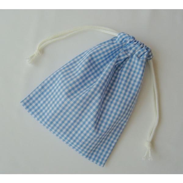 両引き巾着袋18×23【水色のギンガムチェック3.5ミリ】