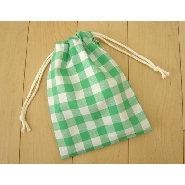 両引き巾着袋 17×23 綿麻素材【緑<グリーン>のギンガムチェック】