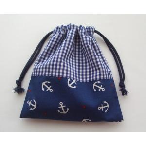 両引き巾着袋21×20センチ【紺ギンガムチェック×紺にイカリ柄】給食袋
