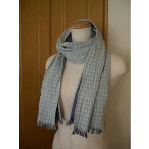 ダブルガーゼストール・表：ミントチェック柄　裏：紺のリバーシブル　