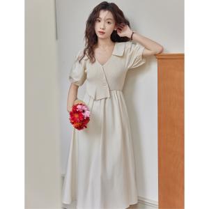 2024夏新作 ニットワンピース レディース 夏 切り替え 20代 30代 40代 vネク　パフスリーブ　優しい