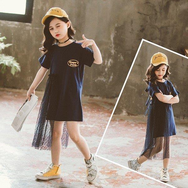 子供服 ワンピース 春夏 女の子 キッズワンピース 半袖 トップス ロングTシャツ チュール チュニ...