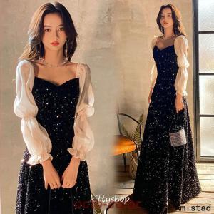 イブニングドレス サテン袖 長袖ドレス 黒 スパンコール キラキラドレス フレア パフスリーブ ブラック オフショルダー 二次会 お呼ばれドレス 発表会ドレス｜AMISTAD