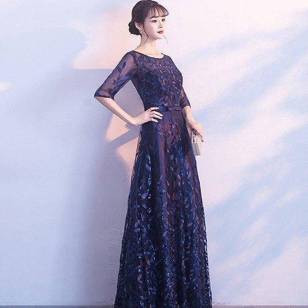 パーティードレス 結婚式 40代 30代 ロング 袖あり 半袖 韓国風 大きいサイズ フォーマルドレ...
