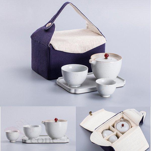 茶器セット 茶芸 陶器 カンフー茶 4点セット ティーポット 携帯式 軽量 通勤 旅行 収納バッグ付...