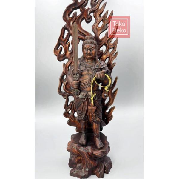 仏像 不動明王 立像 復古 木彫り 仏像火焔光背 不動尊木製 仏様 お守り本尊 総高28CM