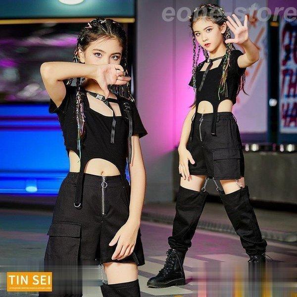 キッズ ダンス衣装 HIPHOP ヒップホップ  子供服 へそ出し黒タンクトップパンツ　女の子  ガ...