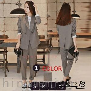 パンツスーツ レディース 2点セット春夏パンツスーツ 韓国風 黒ジャケット/パンツス一ツ発表会入園式スーツ大人気新作女性 面接 就活 通勤?XL/グレー