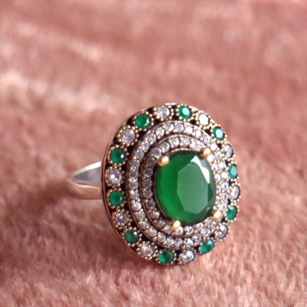 シルバーリング 17号　オスマントルコ・アンティークデザイン/ジェイドグリーンオーバルリング Ott...