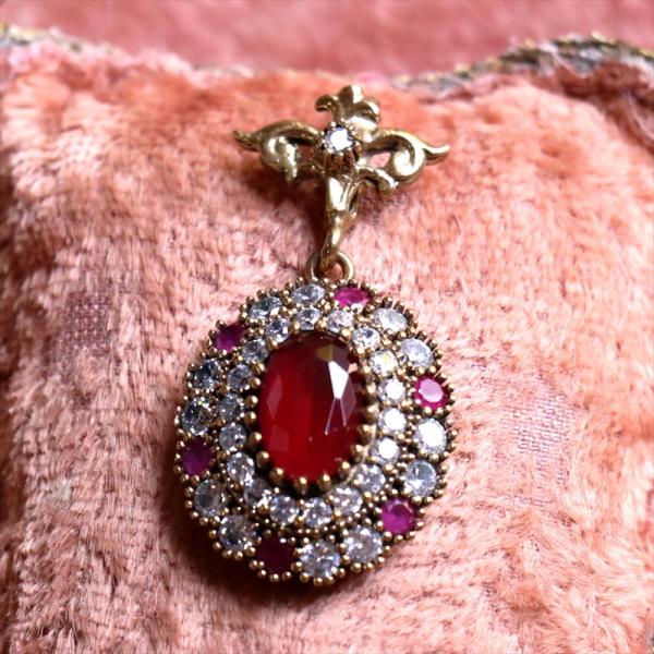 シルバーペンダントトップ【チェーン別売り】　オスマントルコ・アンティークデザイン/ルビーレッドオーバ...