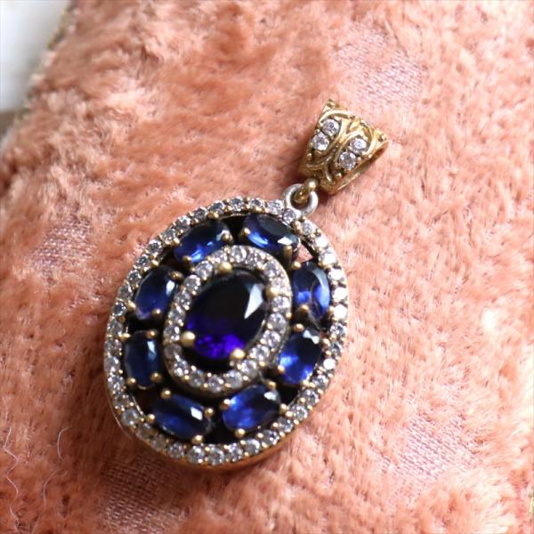 シルバーペンダントトップ【チェーン別売り】オスマントルコ・アンティークデザイン サファイアブルーオー...