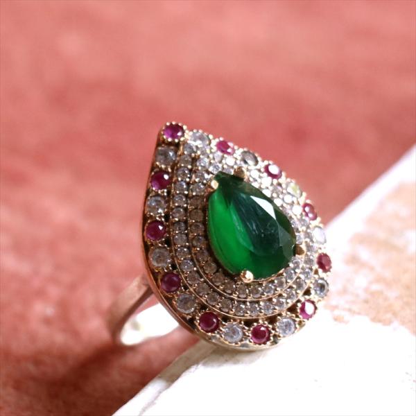 シルバーリング 17号　オスマントルコ・アンティークデザイン/ジェイドグリーンドロップリング Ott...