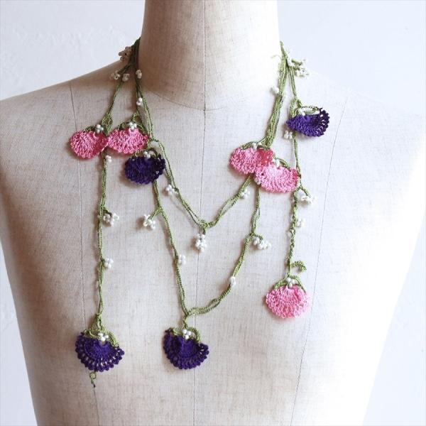 トルコのレース「オヤ」ロングラリエット かぎ針編みのトゥオヤ/パープル・ピンク