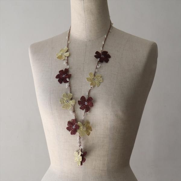 トルコのレース「オヤ」ネックレスかぎ針編みのトゥオヤ  パパテヤ ブラウン・マスタード