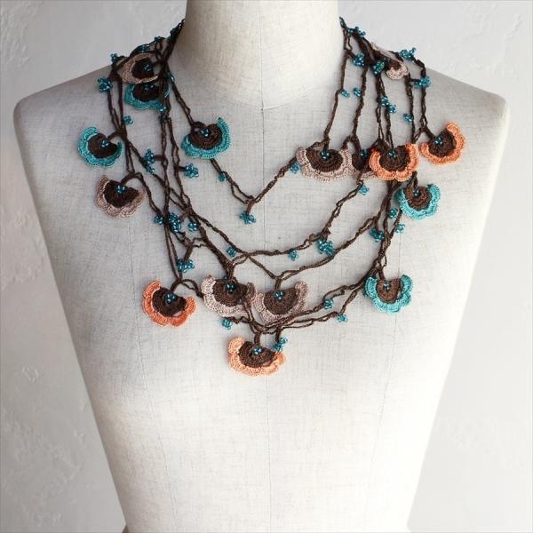 トルコのレース「オヤ」ロングラリエットかぎ針編みのトゥオヤ【レターパック利用可】 ターコイズ/アプリ...