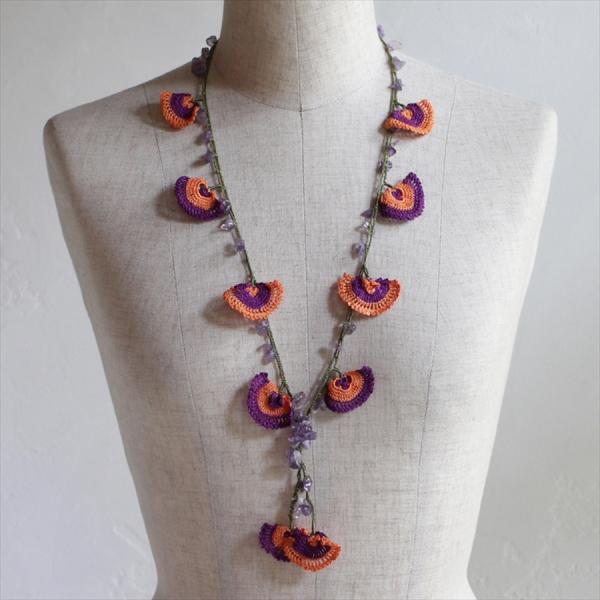 トルコのレース「オヤ」ロングラリエットかぎ針編みのトゥオヤ  パープル/オレンジ