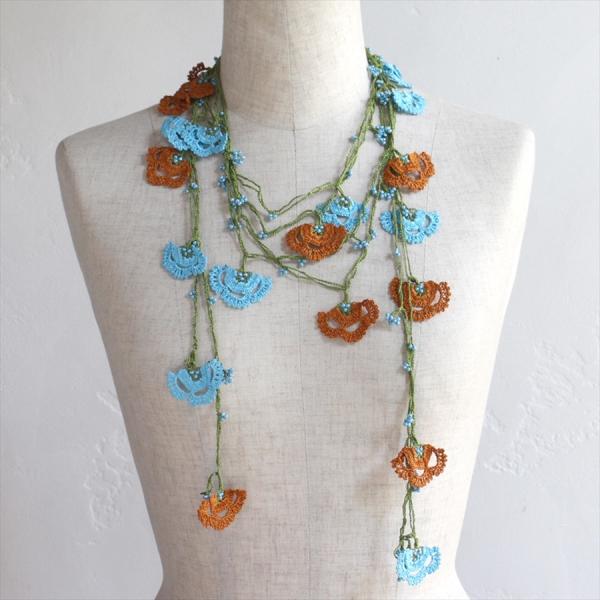 トルコのレース「オヤ」ロングラリエットかぎ針編みのトゥオヤ  オレンジ/ブルー/グリーン