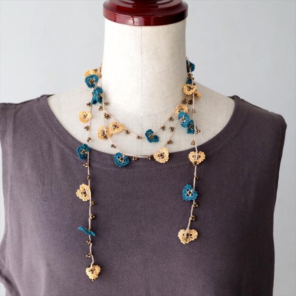 オヤ トゥオヤ ロングラリエット 小花モチーフ ブルーグリーン　イエロー