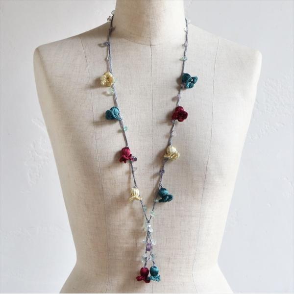 トルコのレース編み「オヤ」ネックレス・すずらん レッド/グリーン/イエロー