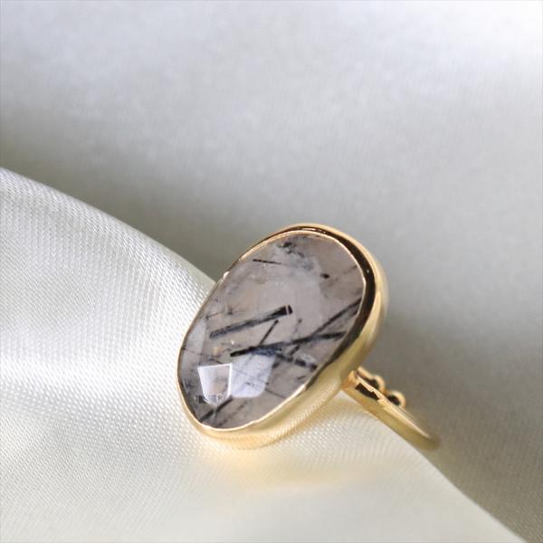 ブラックルチルクオーツ ラフカット シルバーリング 18KGF 天然石 トルコジュエリー カラースト...