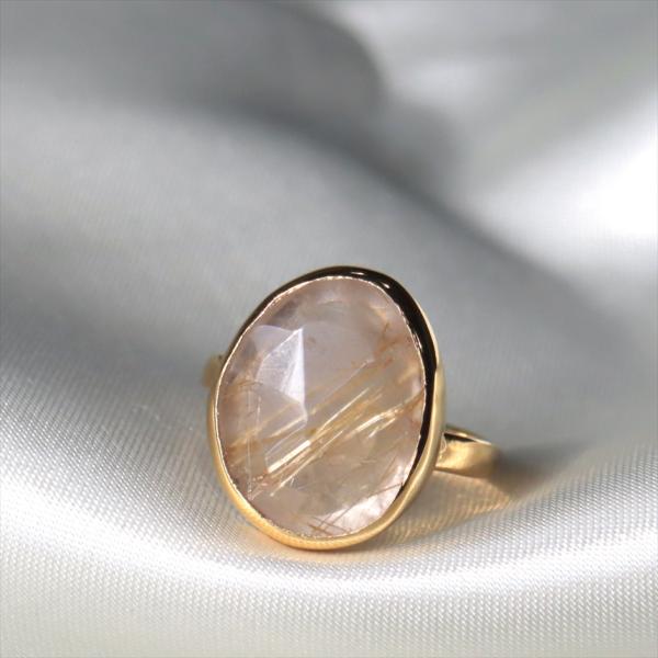 ルチルクォーツ ラフカットシルバーリング　オーバル 18KGF 天然石 トルコジュエリー カラースト...