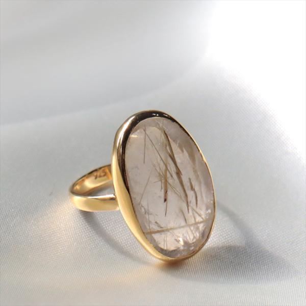 ルチルクォーツ ラフカットシルバーリング　オーバル縦長大 18KGF 天然石 トルコジュエリー カラ...