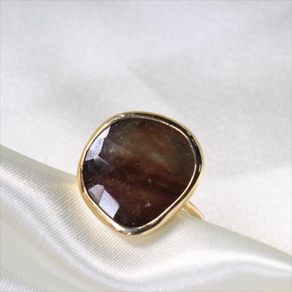 サファイアシルバーリング 18kゴールドフィルド ラフカット 天然石 ブラウンサファイア