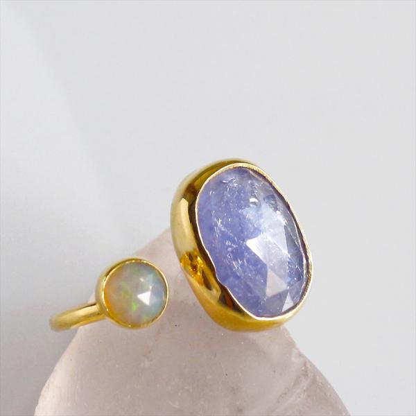 タンザナイトとオパール　フォークリング  18KGF 天然石 トルコジュエリー２ストーン シルバーリ...