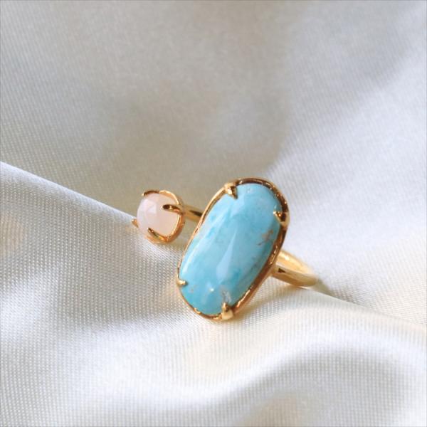 ターコイズ シルバーリングトルコ石 ２ストーン レインボウムーンストーン 18Kゴールドフィルド