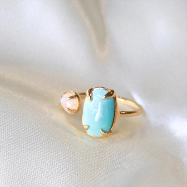 ターコイズ シルバーリングトルコ石 ２ストーン レインボウムーンストーン 18Kゴールドフィルド