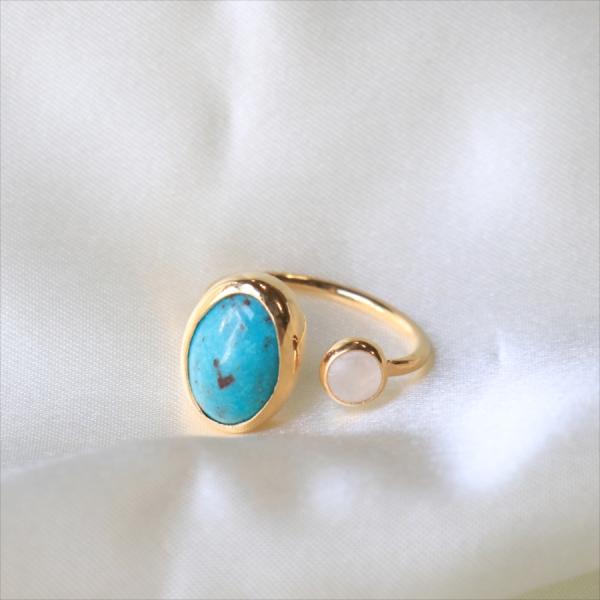 ターコイズ×レインボウムーンストーン シルバーリング トルコジュエリー２ストーン トルコ石リング オ...