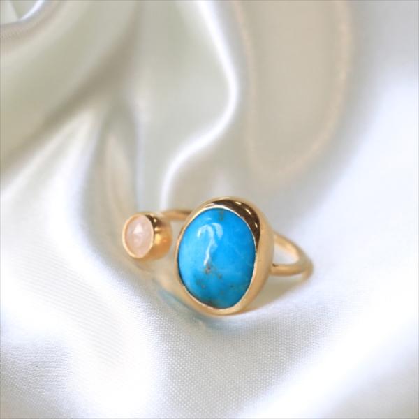 ターコイズ×レインボウムーンストーン シルバーリング トルコジュエリー２ストーン トルコ石リング