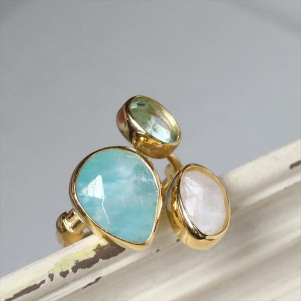 アクアマリン××レインボームーンストーン×トパーズ ラフカットシルバーリング 18KGF 天然石 三...