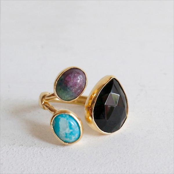 ブラックスピネル×ルビーインゾイサイト×ターコイズ ラフカットシルバーリング 18KGF 天然石 三...