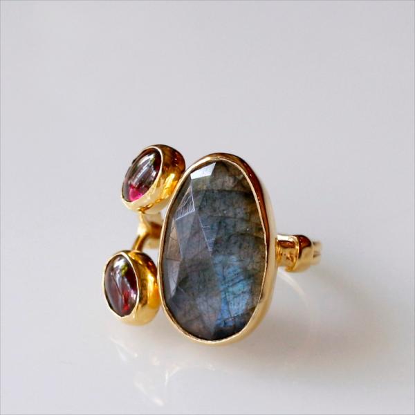 ラブラドライト×ピンクトルマリン　シルバーリング 誕生石 18KGF 天然石 三つのストーン カラー...
