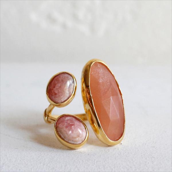 ピーチムーンストーン×ロードクロサイト　シルバーリング 18KGF 天然石 三つのストーン ラフカッ...