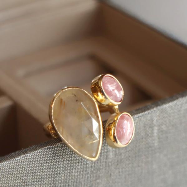 ゴールデンルチルクォーツ×ロードクロサイト シルバーリング 18KGF 天然石 三つのストーン ラフ...