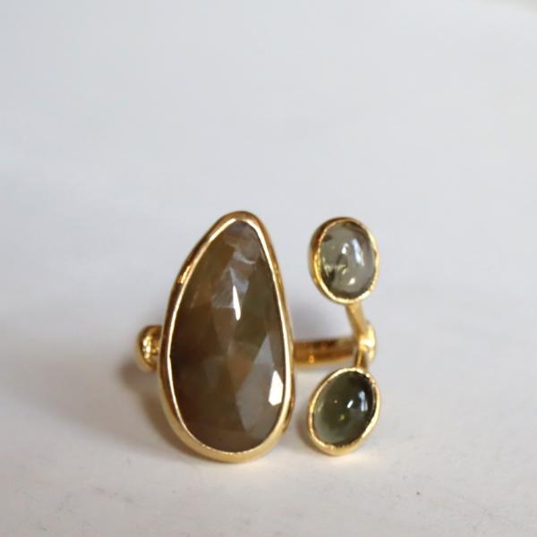 ブラウンサファイア×トルマリン シルバーリング 誕生石 18KGF 天然石 三つのストーン ラフカッ...