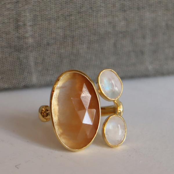 サファイア×ムーンストーン シルバーリング 誕生石 18KGF 天然石 三つのストーン オーバルリン...