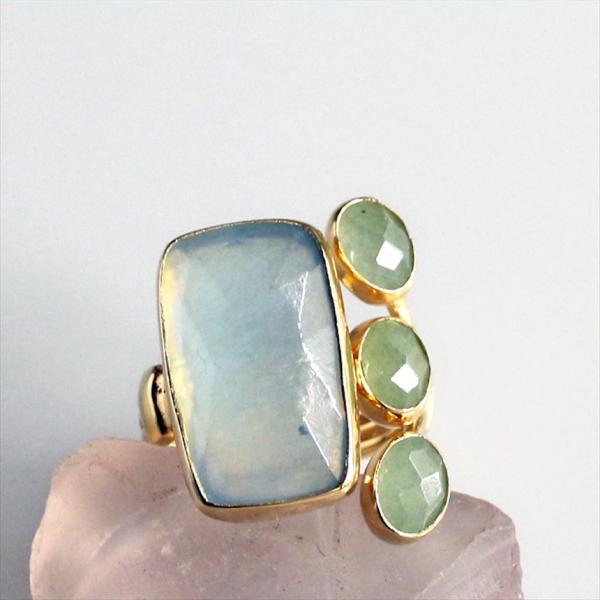 アクアマリン×グリーンアベンチュリン シルバーリング 18KGF 天然石 四つのストーンレクタングル...