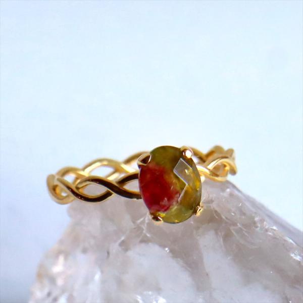 ウォーターメロントルマリン チェーンリング 誕生石 18KGF 天然石  バイカラー カラーストーン...