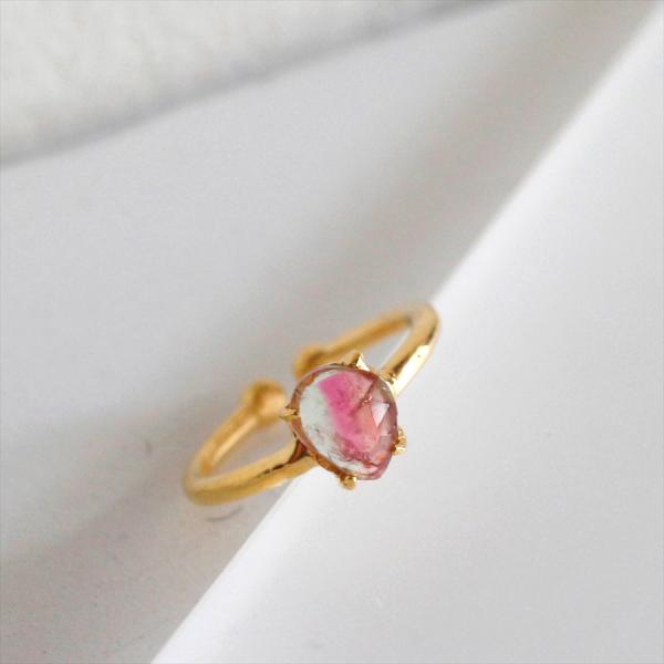 ウォーターメロントルマリン シルバーリング ラフカット 18KGF 天然石  バイカラー カラースト...