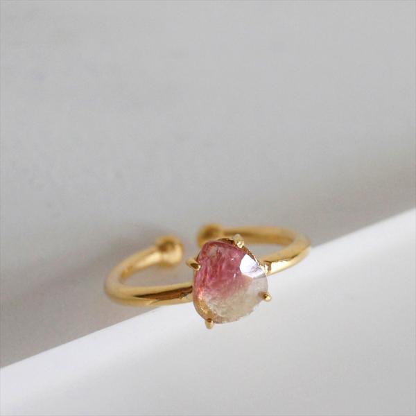 ウォーターメロントルマリン シルバーリング ピンキーリング ラフカット 18KGF 天然石  バイカ...