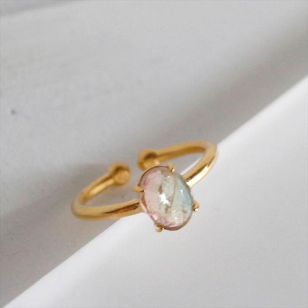 ウォーターメロントルマリン シルバーリング ピンキーリング ラフカット 18KGF 天然石  バイカ...