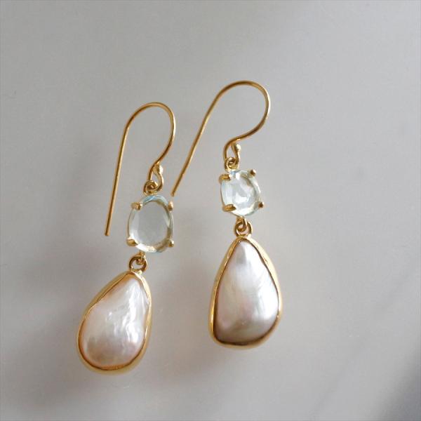 バロックパール×アクアマリンシルバーピアス 18KGF 天然石 ドロップピアス カラーストーン　