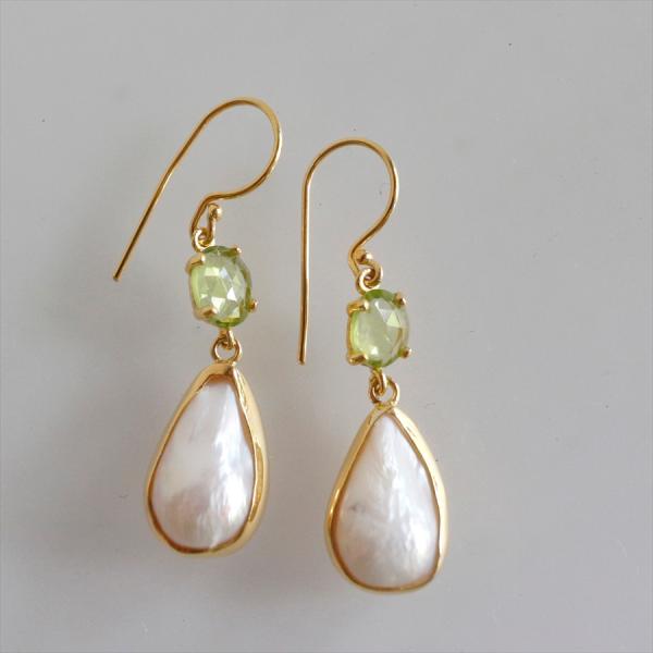 バロックパール×ペリドットシルバーピアス 18KGF 天然石 ドロップピアス カラーストーン