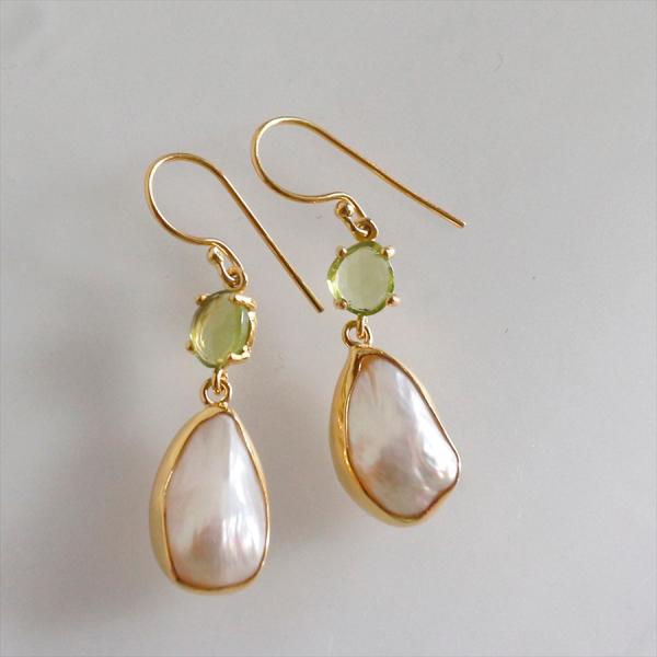 バロックパール×ペリドットシルバーピアス 18KGF 天然石 ドロップピアス カラーストーン